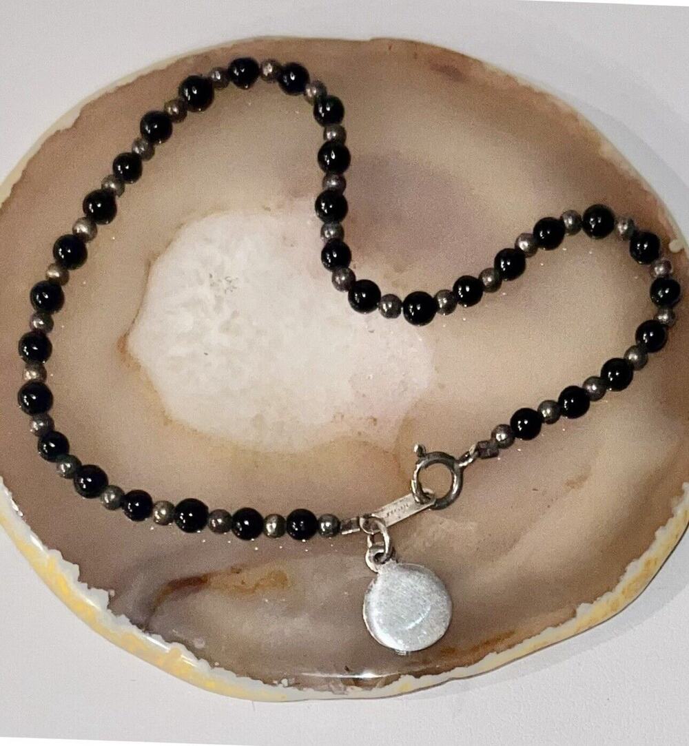 VTG Jordan Onyx Beaded Bracelet 925 Sterling Silver Charm, Spacer Beads & Clasp